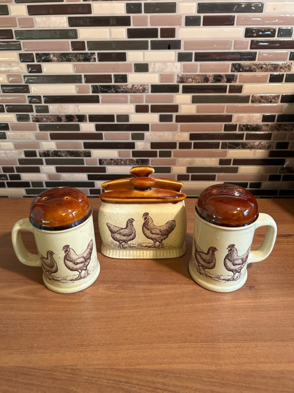 Vintage Enesco 1979 Countey RoadCeramic Salt & Pepper Shakers with Napkin Holder